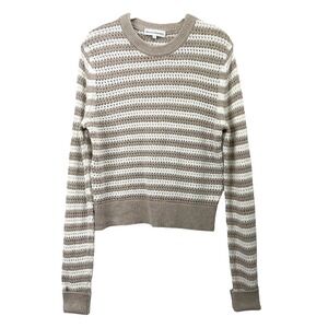 White + Warren striped knit cotton linen sweater Size S tan white crochet boho
